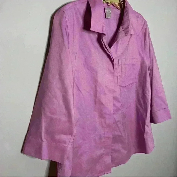 Chico’s Linen Blouse, NWOT, Size 8/10, No Iron, Pink Button Front 3/4 Sleeves - Picture 2 of 5